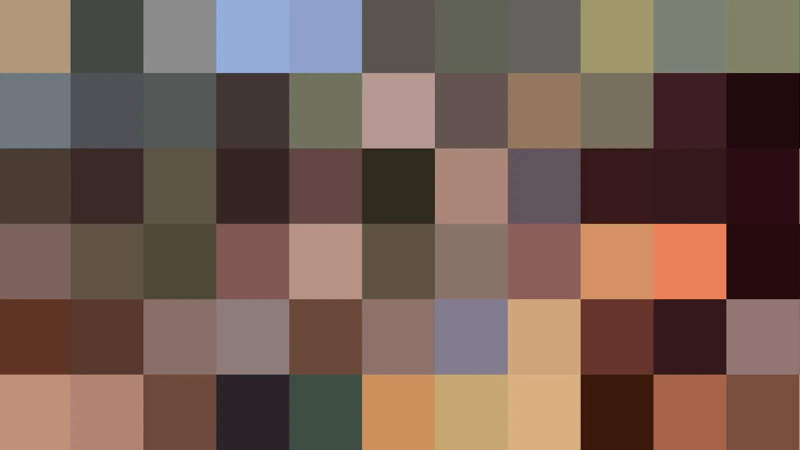 Ein Raster aus rund sechzig eckigen Farbfeldern in Braun, Rot, Beige, Grau und Olivgrün, das ein verpixeltes Motiv bildet.