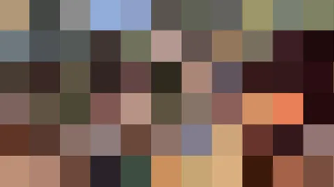 Ein Raster aus rund sechzig eckigen Farbfeldern in Braun, Rot, Beige, Grau und Olivgrün, das ein verpixeltes Motiv bildet.
