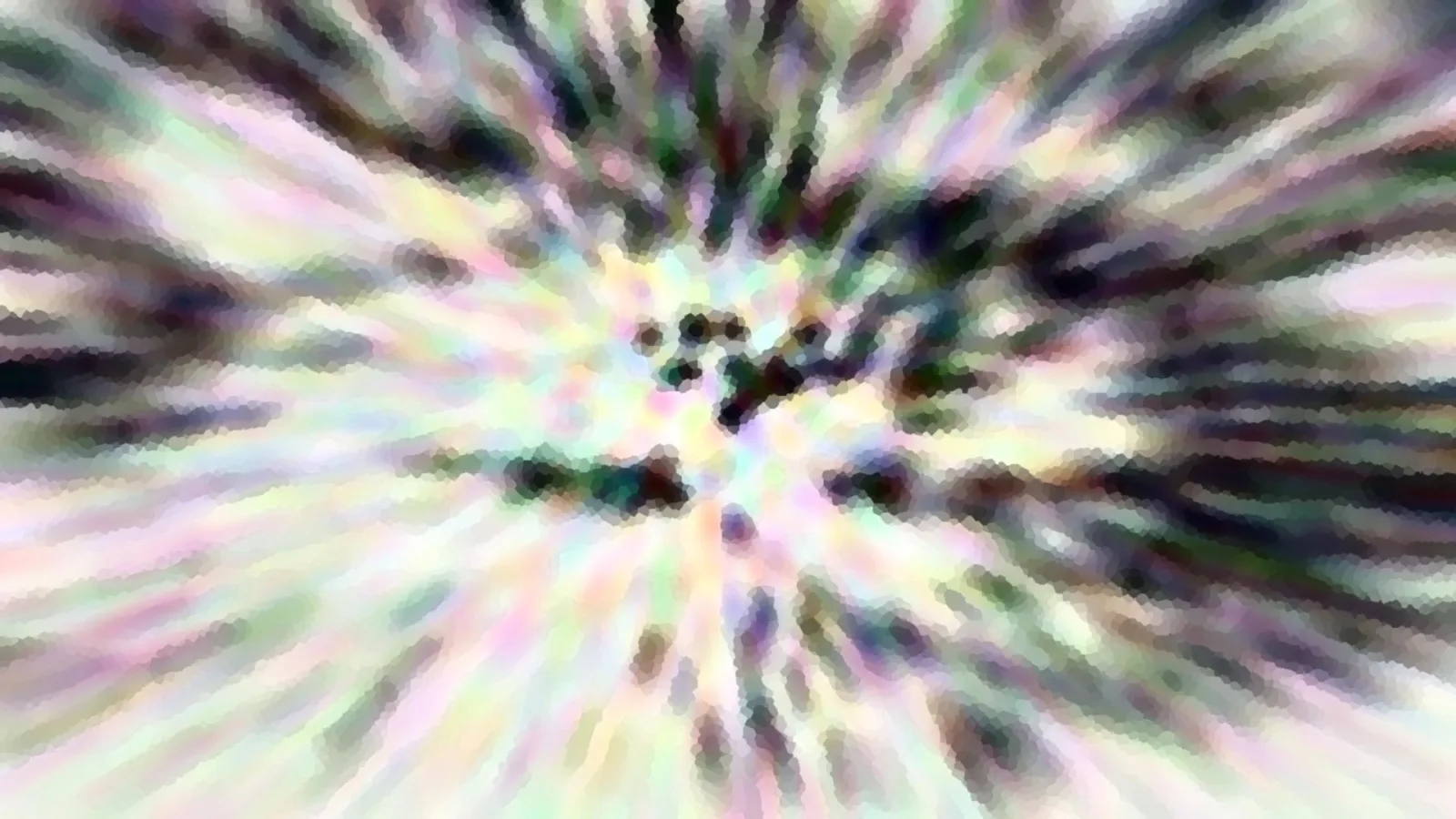 Abstraktes Bild mit radial von einem dunklen Zentrum nach außen verlaufenden Streifen in Pastellfarben wie Rosa, Grün, Gelb und Weiß, leicht verpixelt.