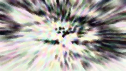 Abstraktes Bild mit radial von einem dunklen Zentrum nach außen verlaufenden Streifen in Pastellfarben wie Rosa, Grün, Gelb und Weiß, leicht verpixelt.