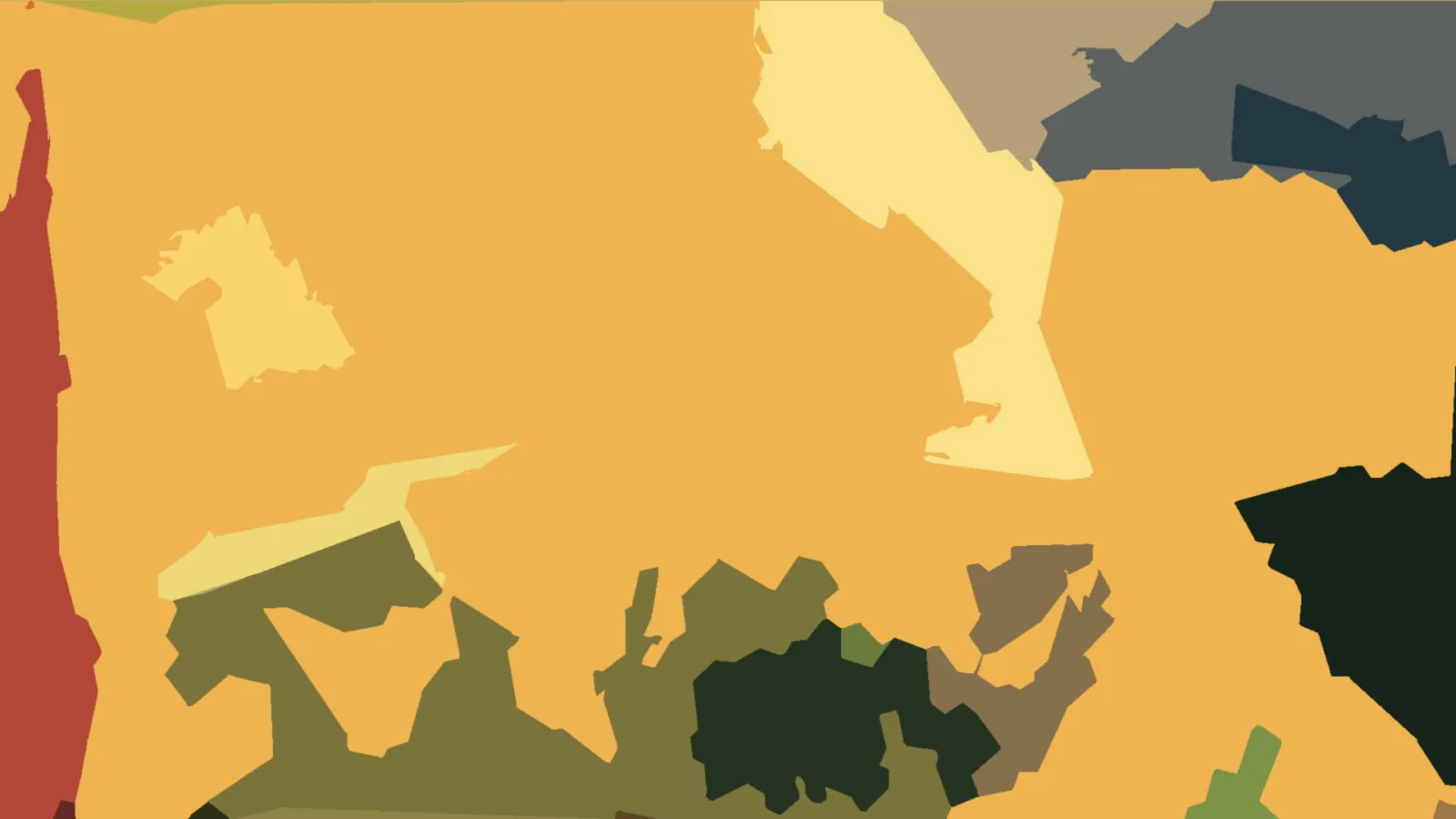 Abstrakte Komposition aus flachen, unregelmäßigen Formen in Ocker, Gelb, Rot, Olivgrün und Dunkelgrün auf orangefarbenem Grund.