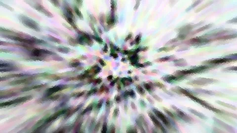Abstrakte Komposition aus hellen Pastelltönen, die von einem zentralen Punkt radial nach außen strahlen, mit dunklen Flecken und mosaikartiger Struktur.