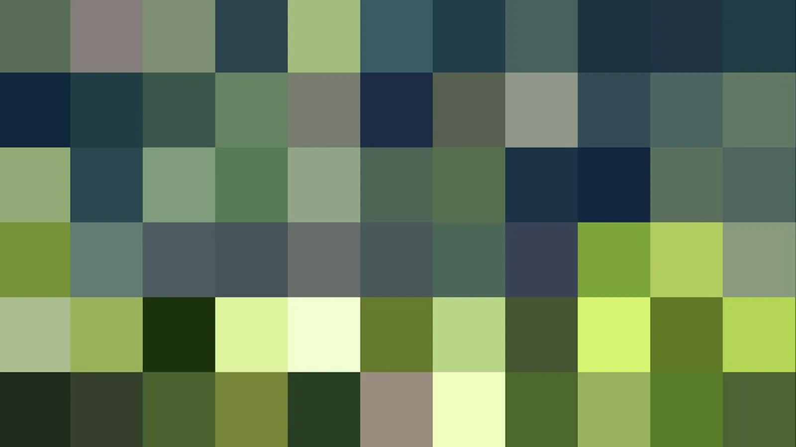 Abstraktes Mosaik aus quadratischen Farbblöcken in Grün-, Blau- und Grautönen, in Zeilen und Spalten angeordnet.