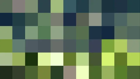 Abstraktes Mosaik aus quadratischen Farbblöcken in Grün-, Blau- und Grautönen, in Zeilen und Spalten angeordnet.