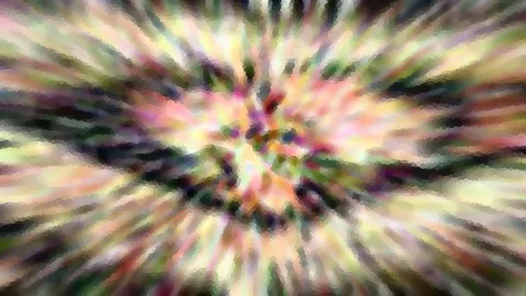 Abstraktes Bild mit radial von der Mitte nach außen laufenden Streifen in Rosa, Gelb, Grün und Dunkelgrau, grob gerastert.