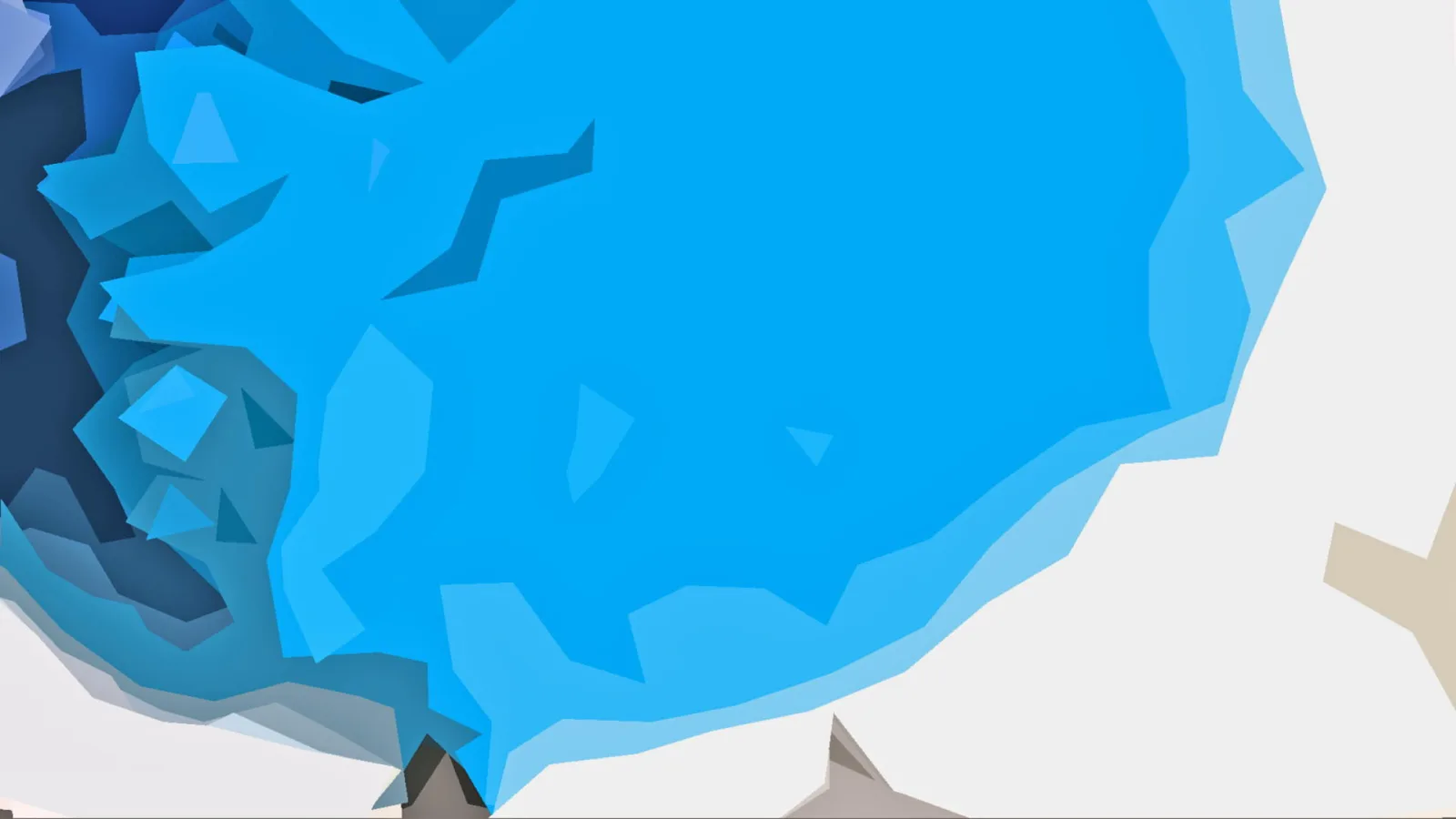 Abstrakte Komposition aus blauen Polygonflächen auf weißem Grund, links dunkelblau, unten einzelne graue und beige Dreiecke.