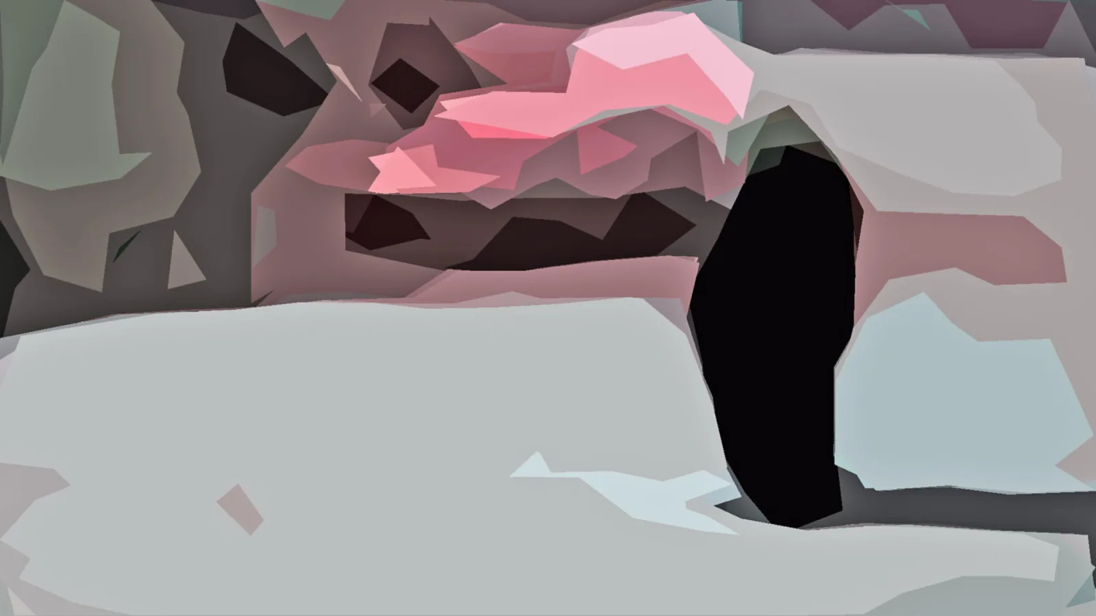 Abstrakte Komposition aus kantigen Flächen in Rosa, Grau und Weiß, mit einer großen schwarzen Form rechts der Mitte.