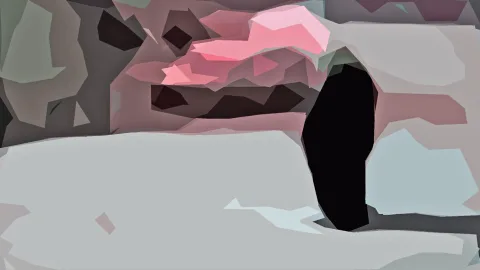 Abstrakte Komposition aus kantigen Flächen in Rosa, Grau und Weiß, mit einer großen schwarzen Form rechts der Mitte.