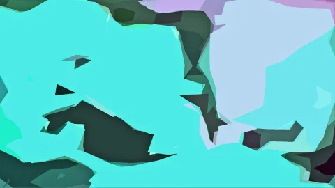 Abstrakte Komposition aus türkisfarbenen, dunkelgrünen und hellblauen Polygonen mit lavendelfarbenem Rand oben rechts.