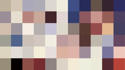 Raster aus farbigen Quadraten in Pastell-, Braun- und Blautönen mit dunklen Akzenten.