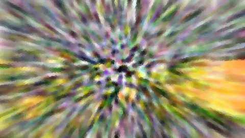 Abstrakte Komposition aus radial von der Mitte nach außen laufenden Streifen in Grün, Violett, Gelb und Orange, mit grobem Mosaikraster.