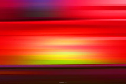Abstraktes Bild mit horizontalen, verschwommenen Streifen in Rot, Orange, Gelb und Grün, oben violett, unten dunkel.
