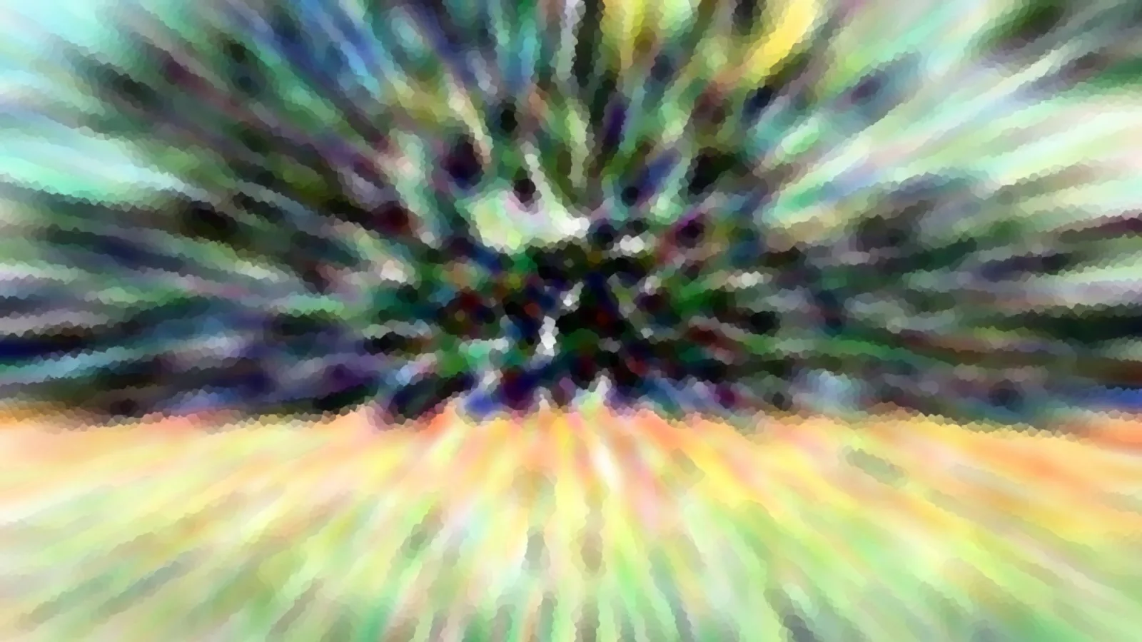 Abstrakte Komposition aus radial von einem dunklen Zentrum ausstrahlenden Streifen in Grün, Gelb, Blau und Orange, mit pixelartiger Körnung.
