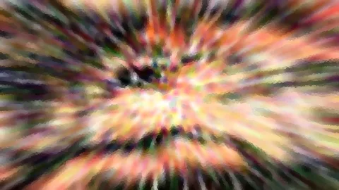Abstraktes Bild mit farbigen Streifen, die von einem hellen Zentrum radial nach außen laufen, in Orange, Rosa, Gelb und Grün.