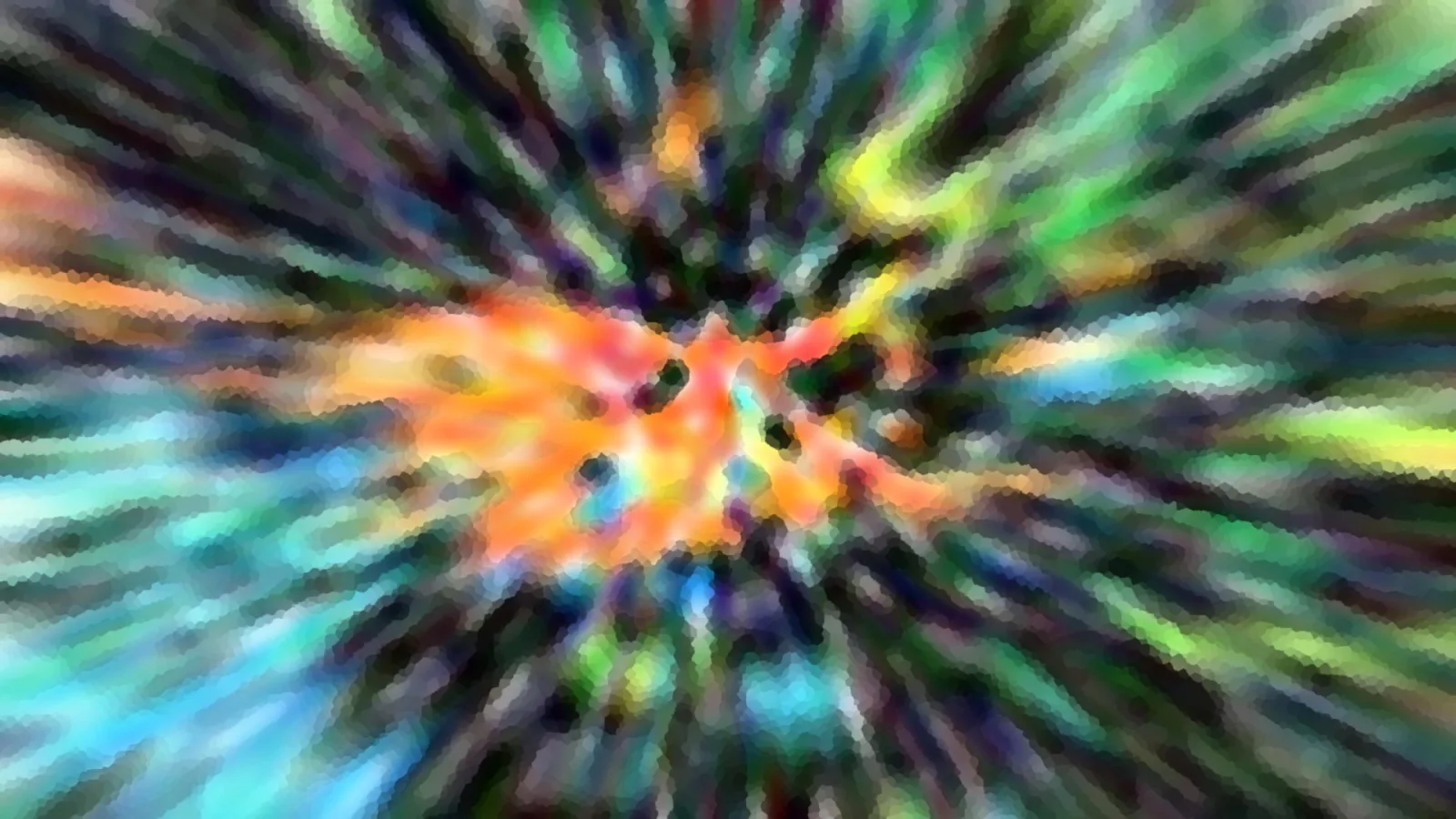 Abstrakte Komposition aus radial nach außen laufenden Farbstrahlen in Grün, Blau und Lila, im Zentrum ein orangefarbener Fleck.