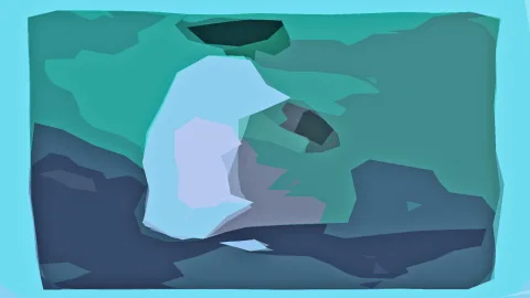 Abstrakte Komposition aus kantigen türkisen, blauen und flieder-farbenen Flächen mit einer hellen Form im linken Drittel.