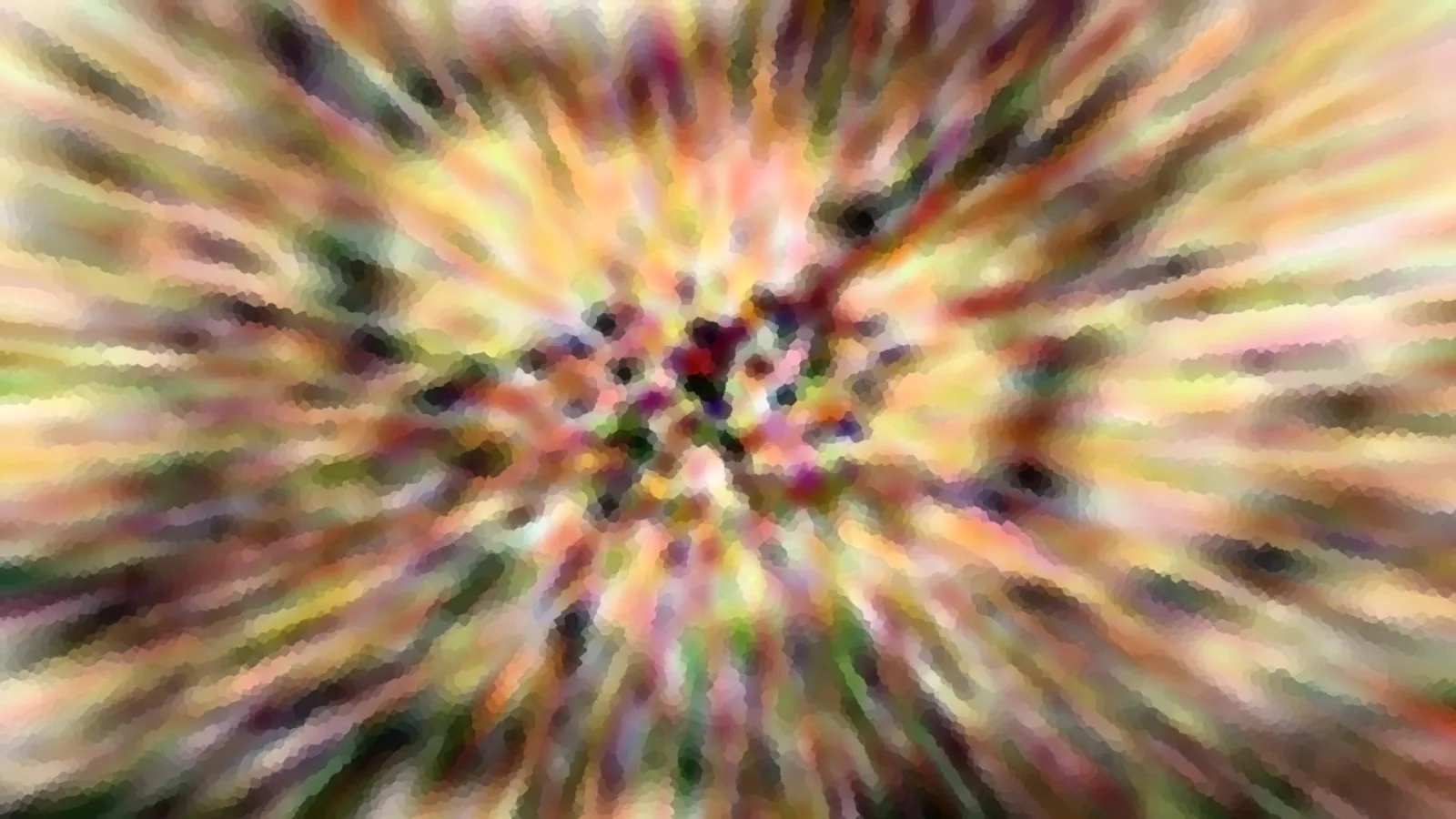 Abstraktes Bild mit radialen, bunten Streifen in Gelb, Orange, Grün und Violett, die von einem dunklen Zentrum nach außen laufen. Die Kanten wirken wie aus kleinen Pixelblöcken zusammengesetzt.
