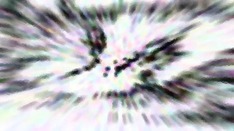 Abstrakte Komposition mit radialen, weiß-pastellfarbenen Schlieren, die von einem zentralen Punkt nach außen laufen, durchsetzt von dunklen Flecken und Strichen.