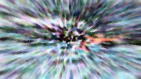 Abstrakte Komposition aus bunten, pixeligen Streifen, die von einem dunklen Zentrum radial nach außen laufen.