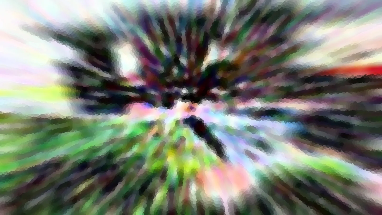 Abstrakte Komposition aus bunten, radial vom dunklen Zentrum nach außen laufenden Streifen in Grün, Pink, Violett und Rot, mosaikartig pixelig.