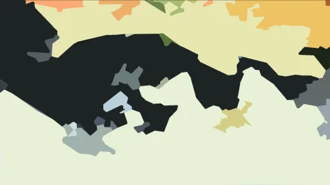 Abstrakte Komposition aus anthrazitfarbenen, cremefarbenen, orangen und olivgrünen Flächen mit unregelmäßigen Kanten.