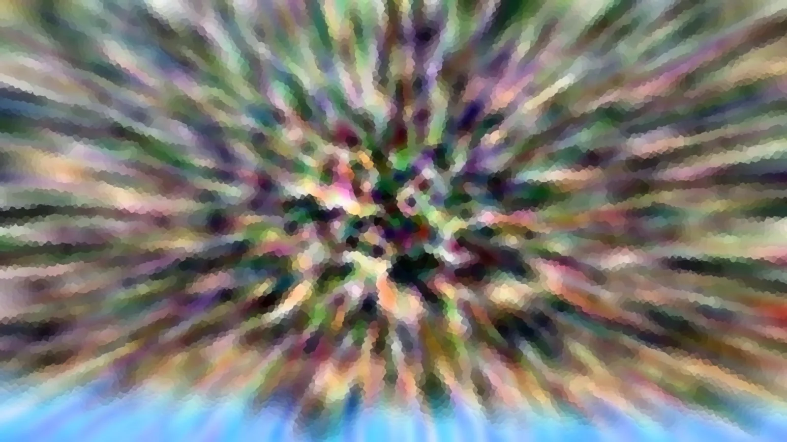 Abstraktes Bild mit bunten Streifen, die radial aus einem dunklen Zentrum nach außen laufen, unten ein hellblauer Verlauf.
