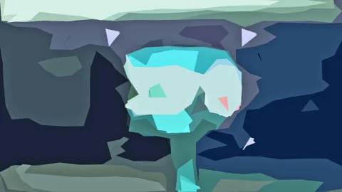 Abstrakte Komposition aus kantigen Flächen in Türkis, Mintgrün, Grau und Navy, mit einer zentralen, baumartigen Form und einem kleinen rosa Dreieck.