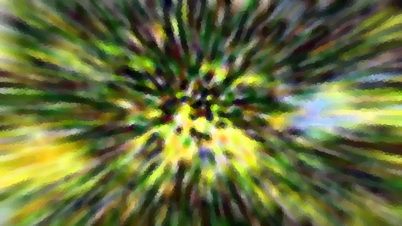 Radial verwischte Aufnahme von grünem und gelbem Laub, die Strahlen laufen auf einen dunklen Mittelpunkt zu.