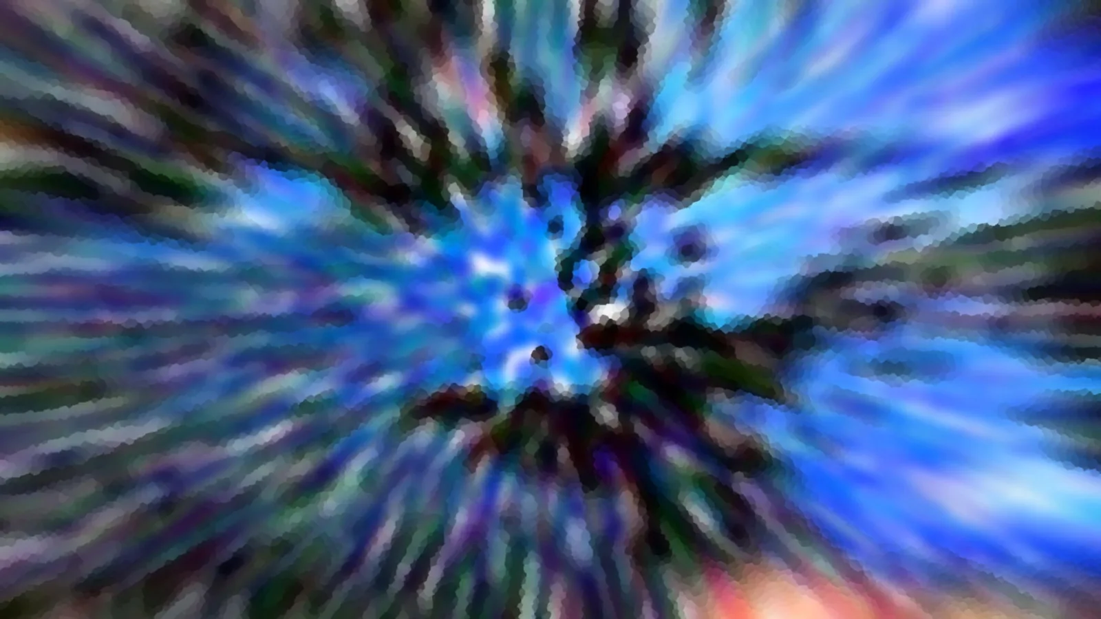 Abstraktes Bild mit blauen, dunkelgrünen und schwarzen Schlieren, die von einem hellblauen Zentrum radial nach außen laufen.