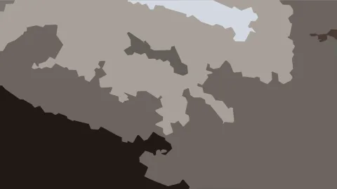 Abstrakte Komposition aus unregelmäßigen grauen, beigen und braunen Flächen mit einem schwarzen Bereich unten links und einem hellblauen Streifen oben.