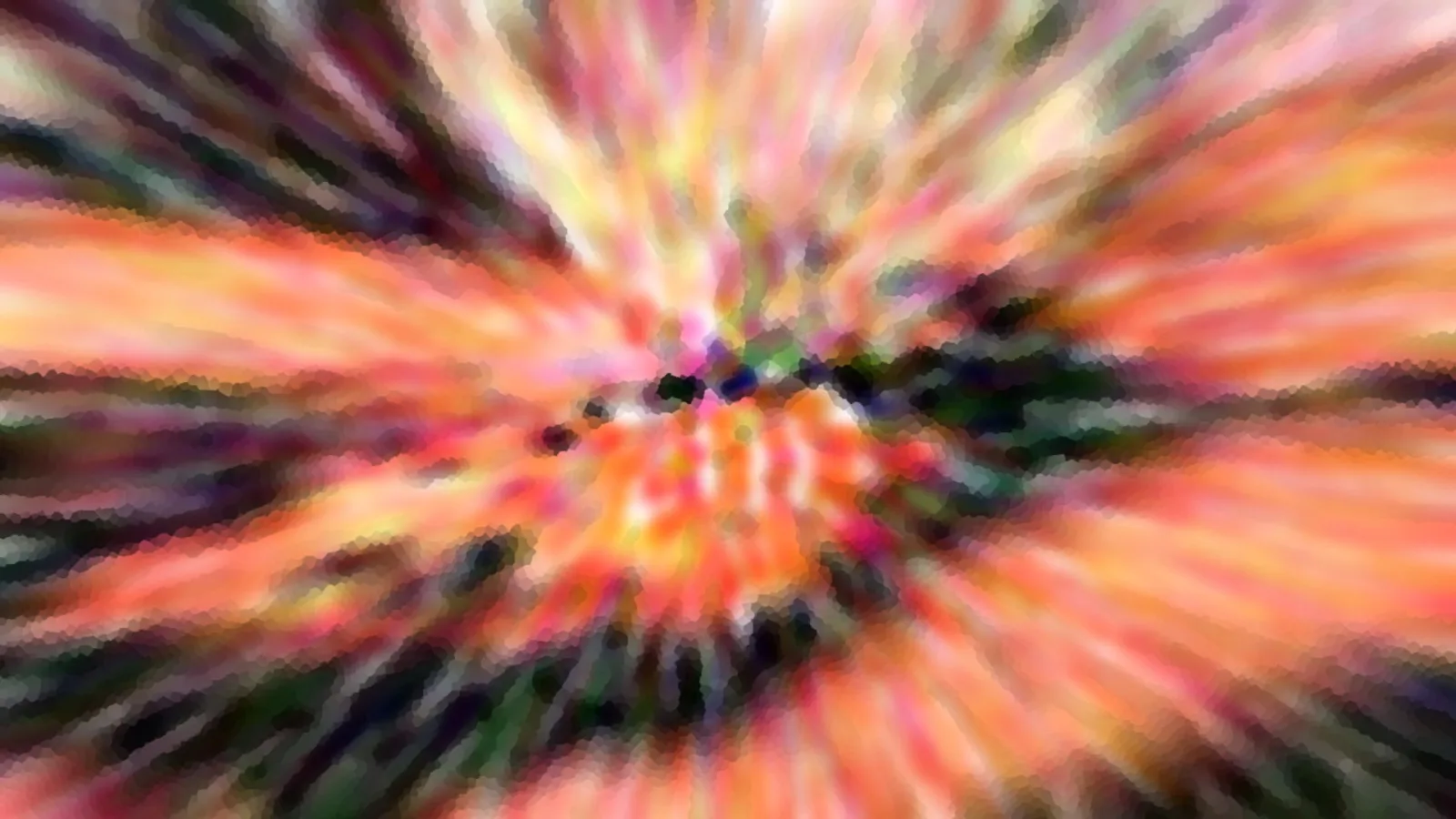 Abstraktes Bild mit orangefarbenen, rosa und gelben Streifen, die von einem hellen Zentrum nach außen verlaufen, durchzogen von dunklen grünen Schlieren.