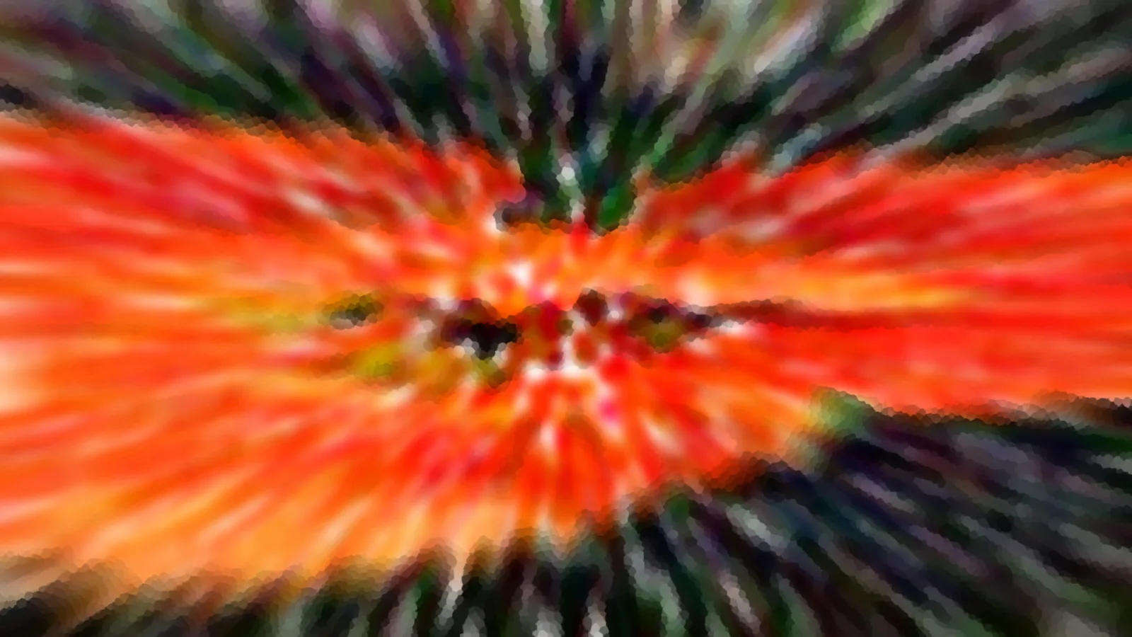 Abstraktes Bild mit radialer Unschärfe: eine orangerote Mitte, umgeben von dunklen grünen und violetten Streifen, die nach außen laufen.