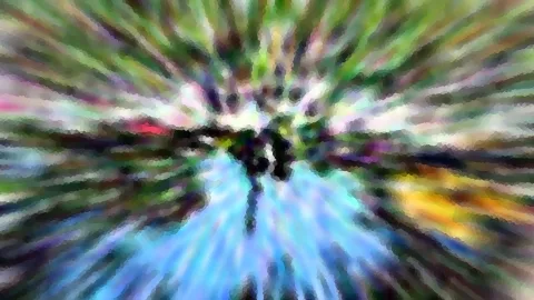 Abstraktes Bild mit radial verlaufenden, verwischten Streifen in Grün, Blau, Gelb und Violett, im Zentrum ein dunkler Fleck.