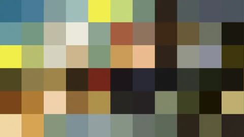 Raster aus grob gepixelten Farbfeldern in Blau, Gelb, Grün, Braun und Schwarz.