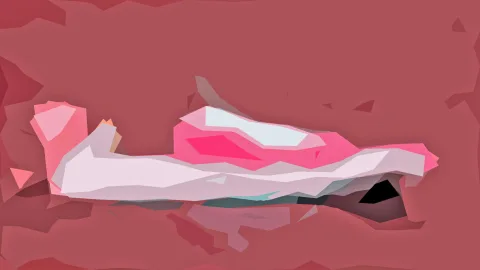 Abstrakte, kantige Figur in Rosa und Weiß, liegend auf dunkelrotem Hintergrund