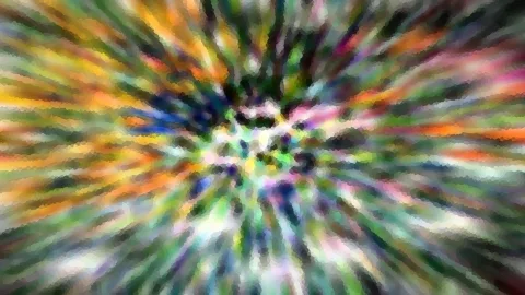 Bunte Streifen in Gelb, Grün, Orange und Pink strahlen radial von einer hellen Mitte nach außen, mosaikartig verpixelt.