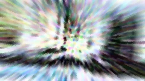 Abstrakte Komposition aus radial von einem Zentrum ausstrahlenden, pastellfarbenen Streifen in Grün, Violett und Weiß mit mosaikartiger Körnung.