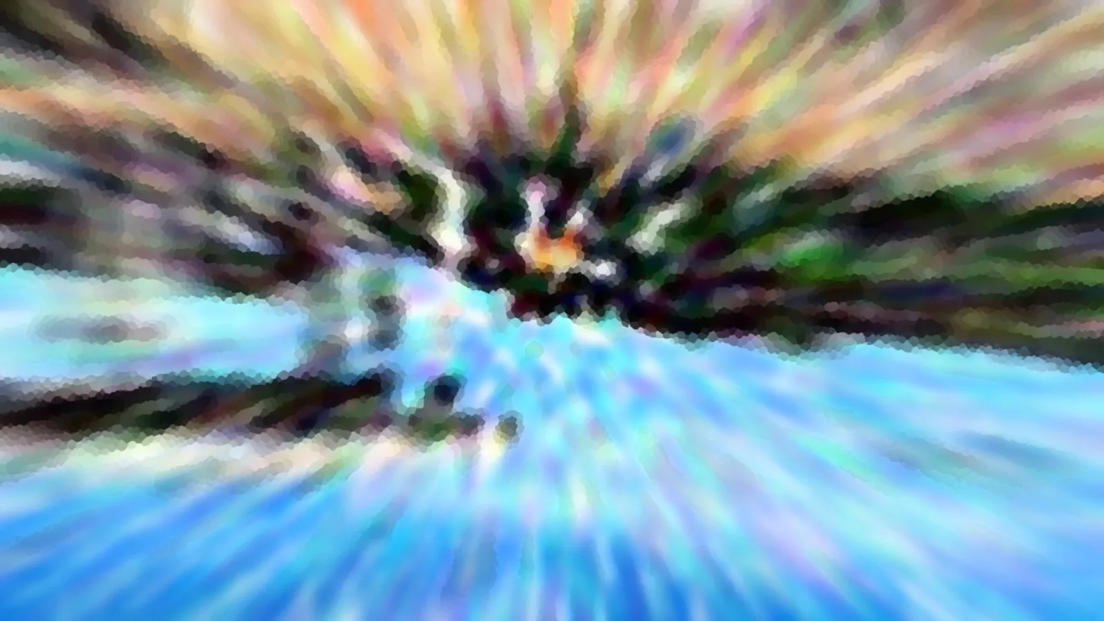 Abstraktes Bild mit radialen Farbstrahlen, die von einem dunklen Zentrum oben in der Mitte nach außen laufen. Oben warme Gelb-, Orange- und Violetttöne, unten dominiert kräftiges Blau.
