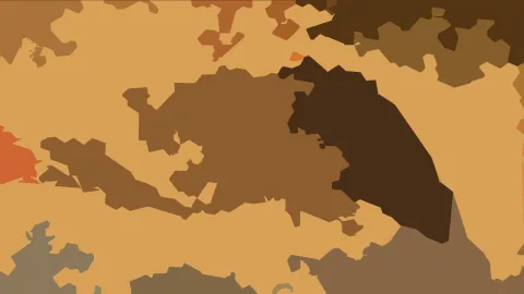 Abstrakte Komposition aus unregelmäßigen Flächen in Ocker, Braun und Dunkelbraun, mit einzelnen orangefarbenen Akzenten.