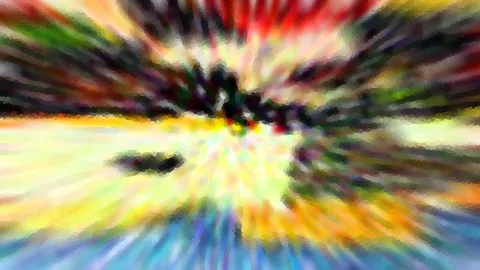 Abstraktes Bild mit bunten Schlieren in Rot, Gelb, Grün und Blau, die radial von einem dunklen Zentrum nach außen laufen, grob gerastert.