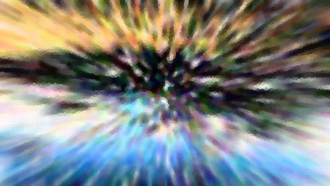Abstraktes Bild mit radial von der Mitte nach außen verlaufenden, unscharfen Streifen in Gelb, Grün, Blau und Violett, die in einem hellen Zentrum zusammenlaufen.