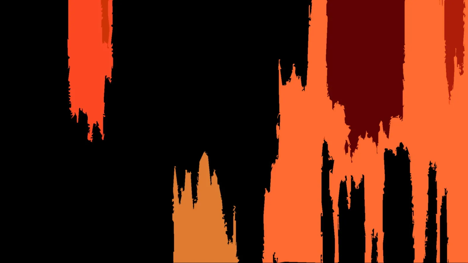 Abstrakte Komposition aus orangefarbenen und roten Pinselstrichen vor schwarzem Hintergrund, die von oben nach unten laufen.