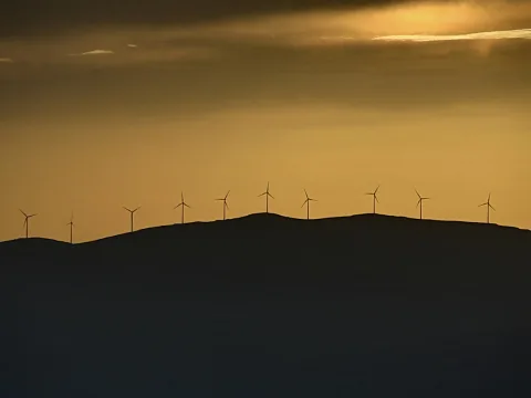 Silhouetten von Windkraftanlagen auf einem Hügelkamm vor goldenem Abendhimmel.