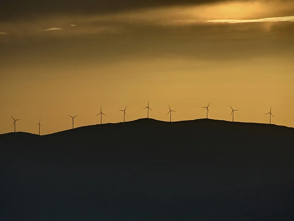 Silhouetten von Windkraftanlagen auf einem Hügelkamm vor goldenem Abendhimmel.
