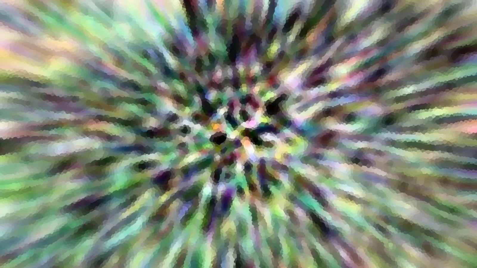 Abstraktes Bild mit bunten Streifen, die von einem dunklen Zentrum radial nach außen laufen, in Grün, Lila, Pink und Gelb, pixelig verwischt.