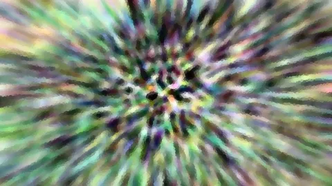 Abstraktes Bild mit bunten Streifen, die von einem dunklen Zentrum radial nach außen laufen, in Grün, Lila, Pink und Gelb, pixelig verwischt.