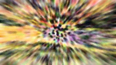 Abstraktes Bild mit bunten, radial von einem dunklen Zentrum nach außen laufenden Streifen in Gelb, Orange, Grün und Violett, gepixelt wie ein Mosaik.