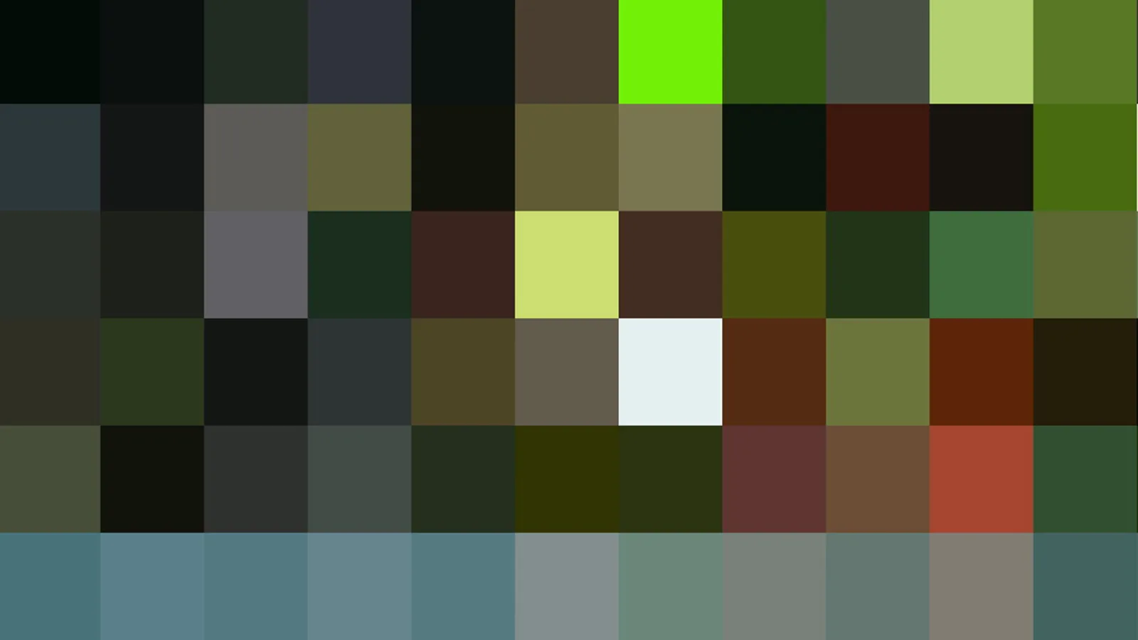 Raster aus quadratischen Farbfeldern in dunklem Grün, Olivtönen, hellem Lindgrün und einer blaugrauen Reihe am unteren Rand.