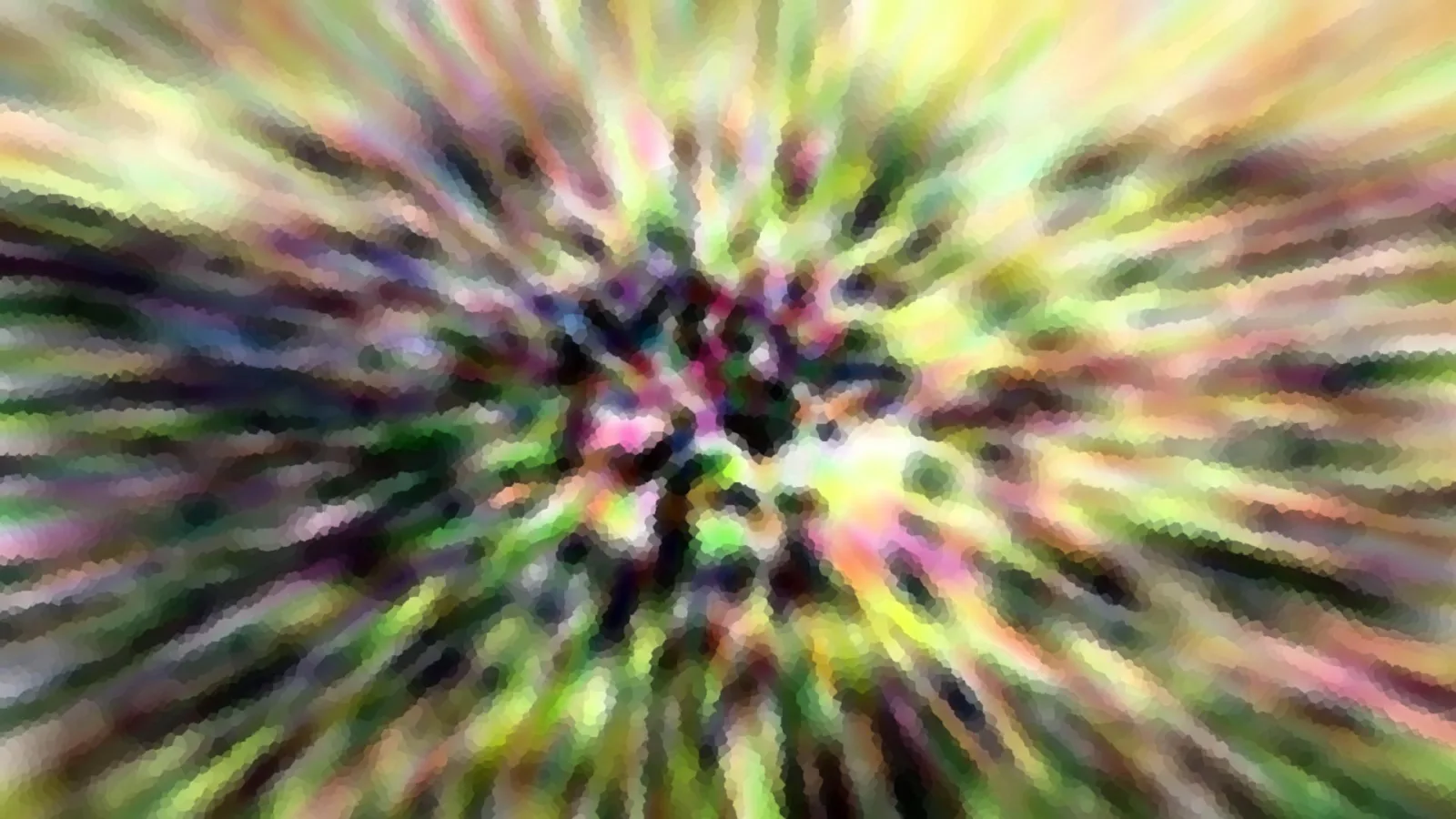 Abstraktes Bild mit radial nach außen laufenden Streifen in Grün, Gelb und Pink, zur Mitte hin dunkler.