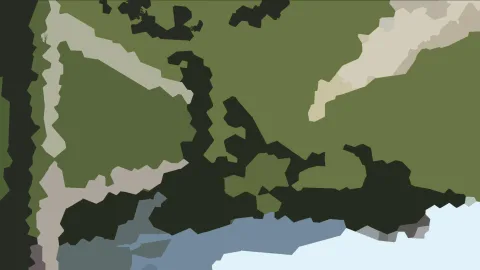 Abstrakte Komposition aus unregelmäßigen Flächen in Olivgrün, Dunkelgrün, Beige, Blaugrau und Hellblau, mit einer hellen Fläche unten rechts.